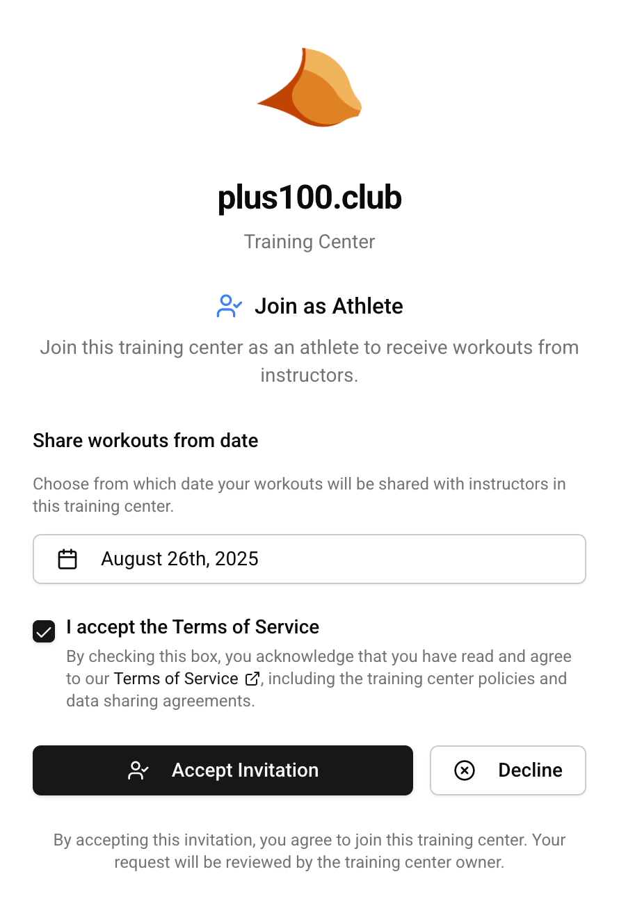 Athlete joining a training center