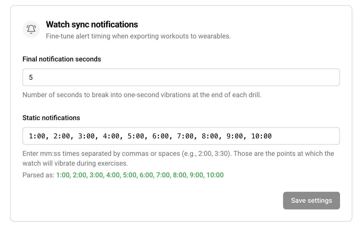 Workout division and vibration settings