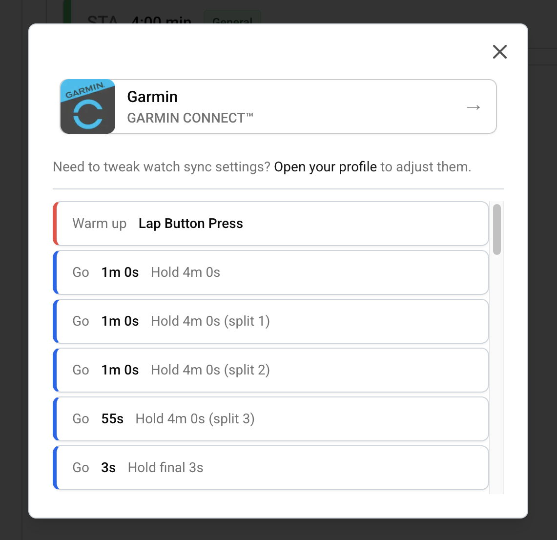 Workout preview and send to Garmin button
